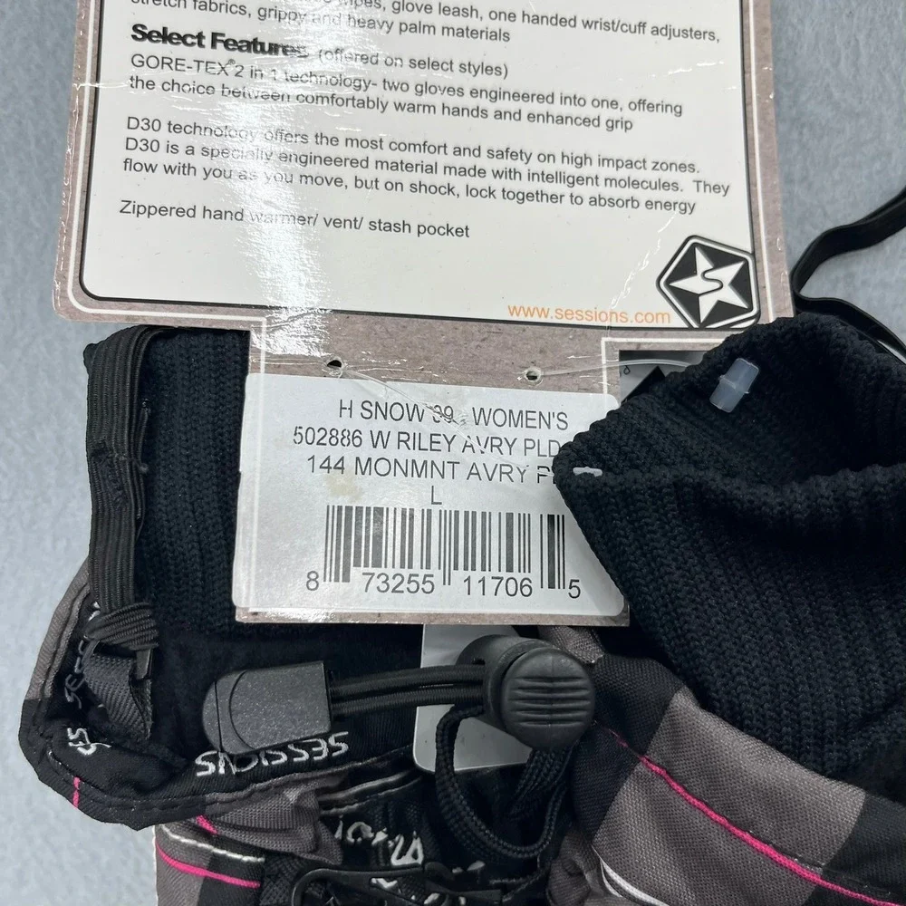 Sessions Riley Avery Plaid Mittens Gloves Womens L Grey Waterproof Ski Snowboard